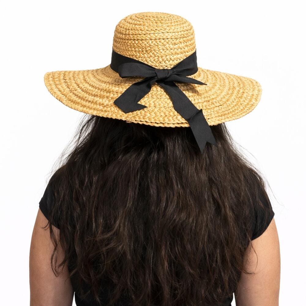 Vintage Natural Straw Wide Brim Hat Bow Back Sun Hat OS